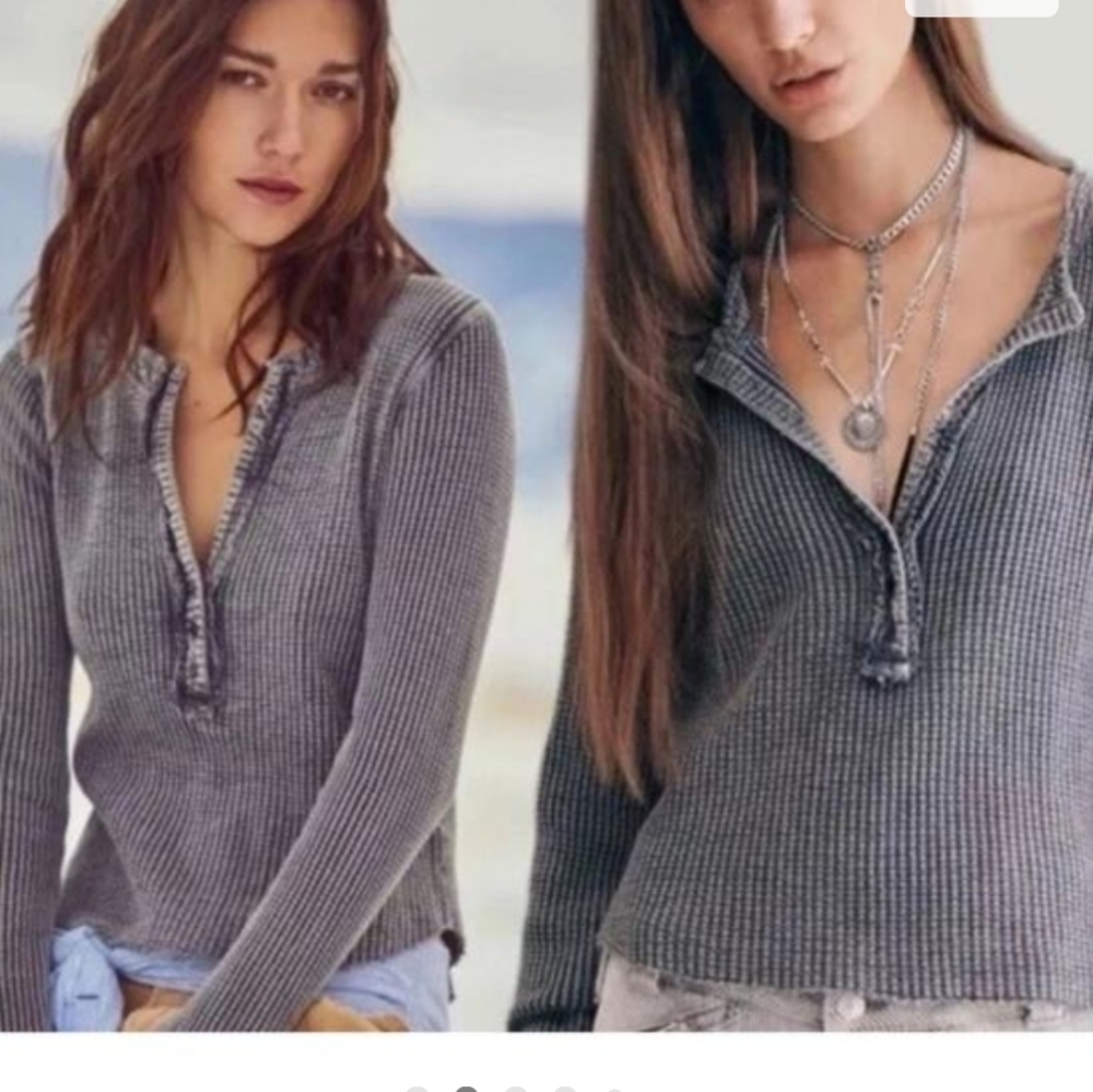 Free People One Henley Blue Textured Top Size Small - Picture 12 of 13